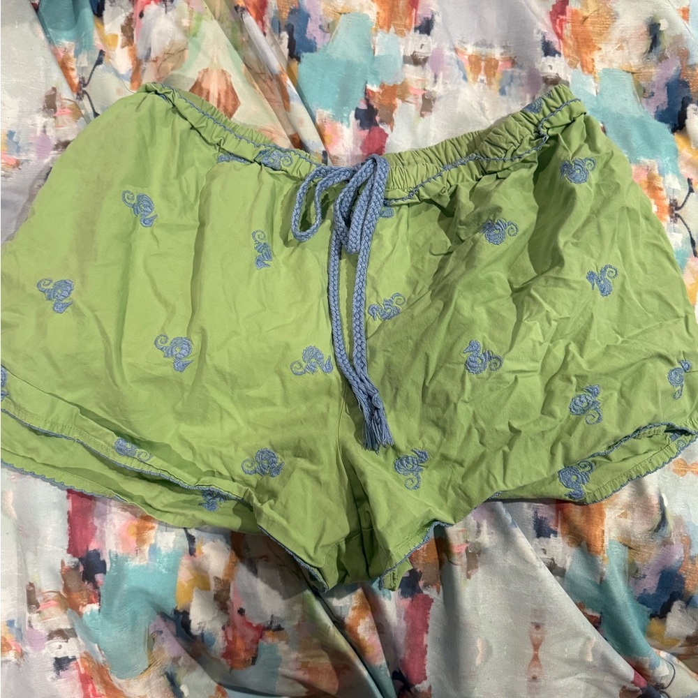 Anthropologie Sleep Shorts with Blue Seahorse Embroidery